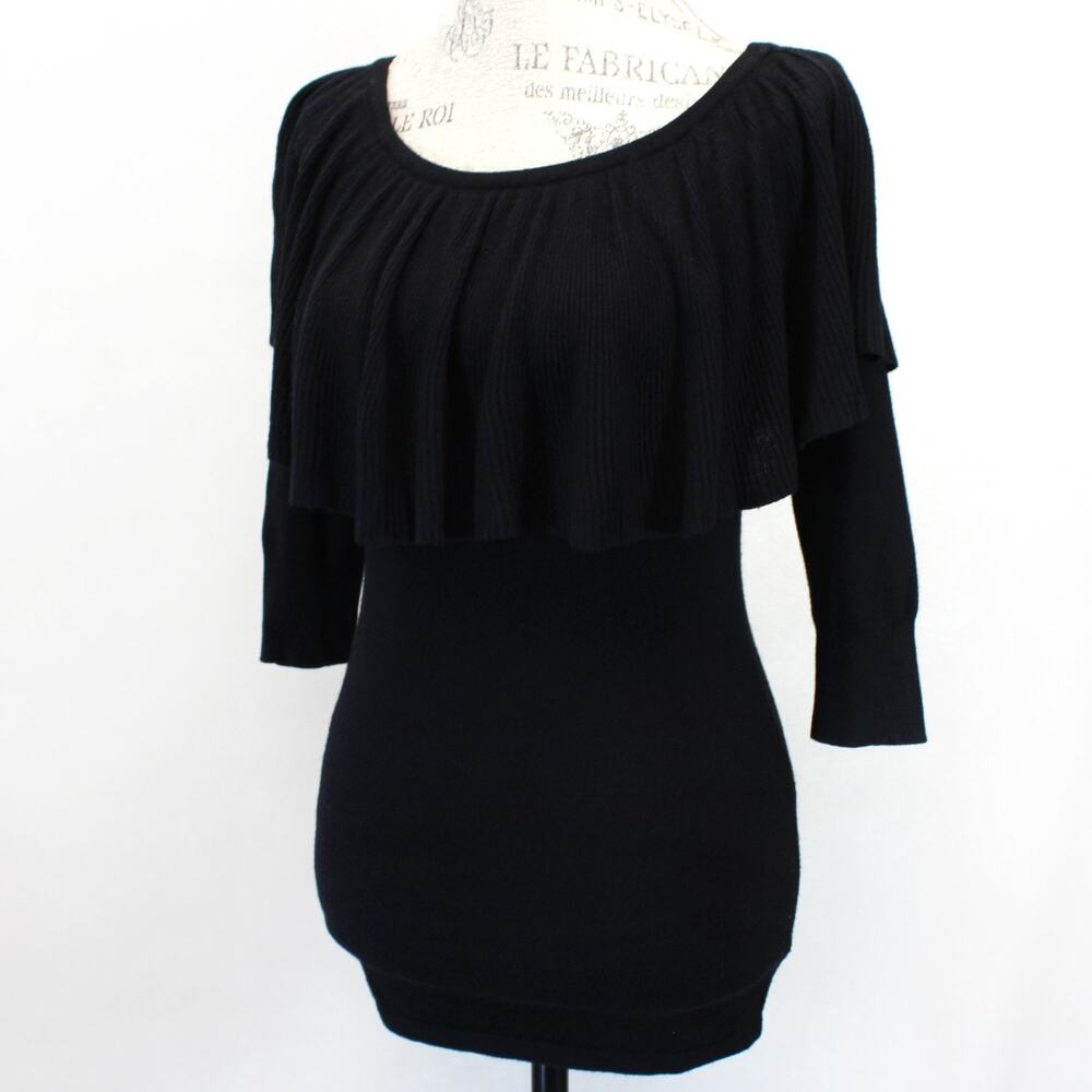 Arden B Black Knit Sweater Ruffle Neckline Off Shoulder Bodycon Pullover Small